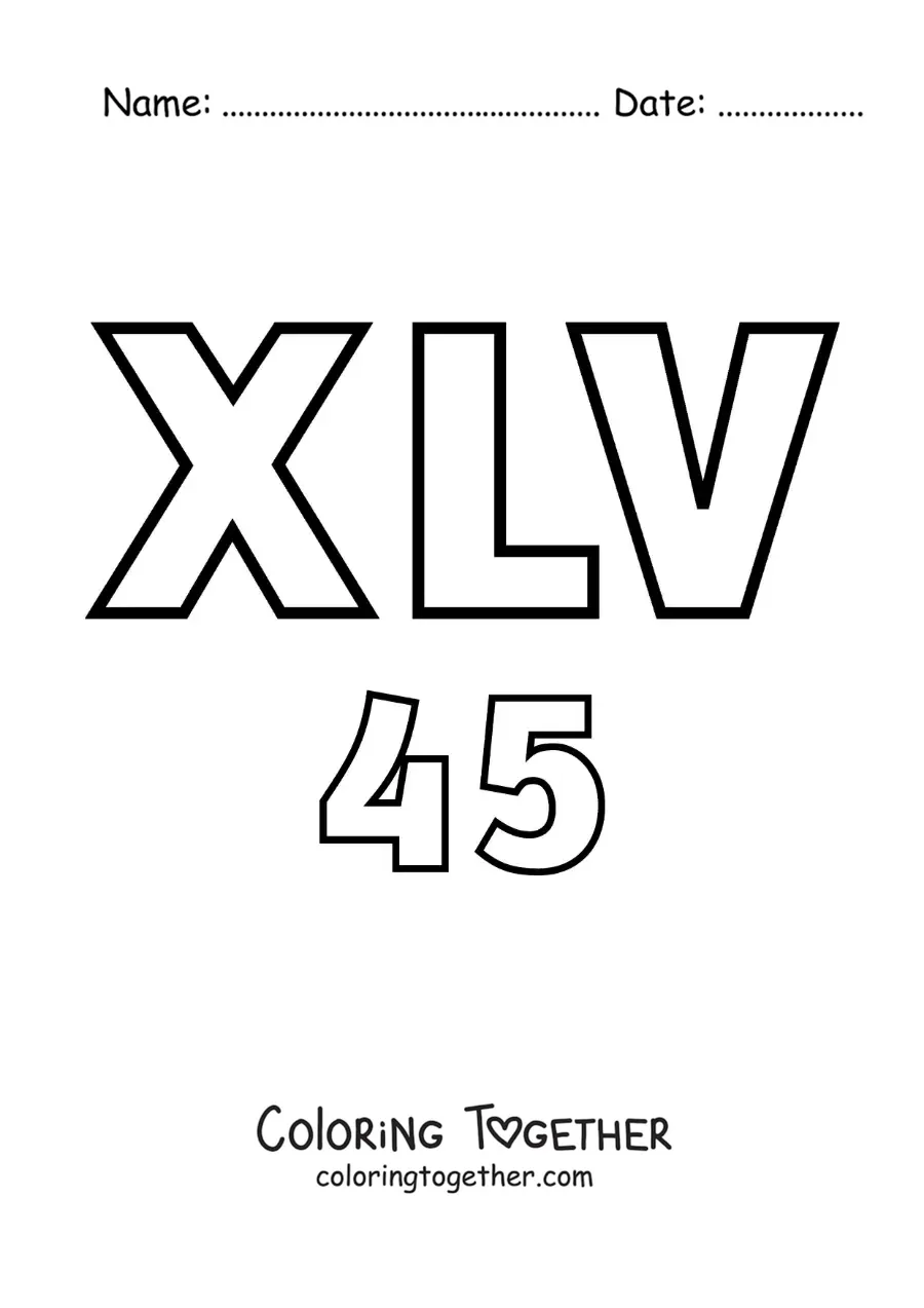 Coloring page of a card of the number 45 in Roman numerals with cartoons