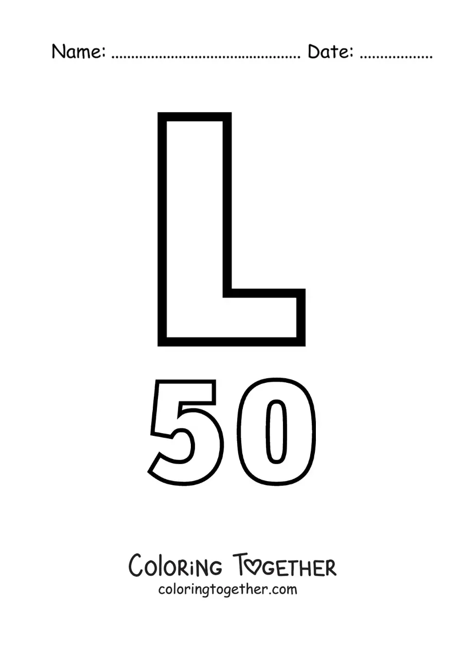 Coloring page of a card of the number 50 in Roman numerals with cartoons