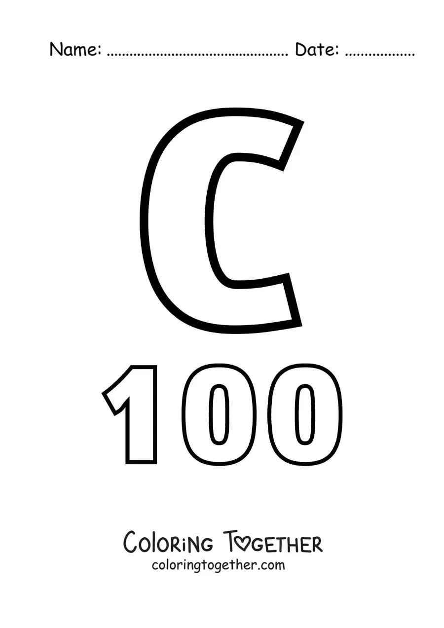 Coloring page of a card of the number 100 in Roman numerals with cartoons