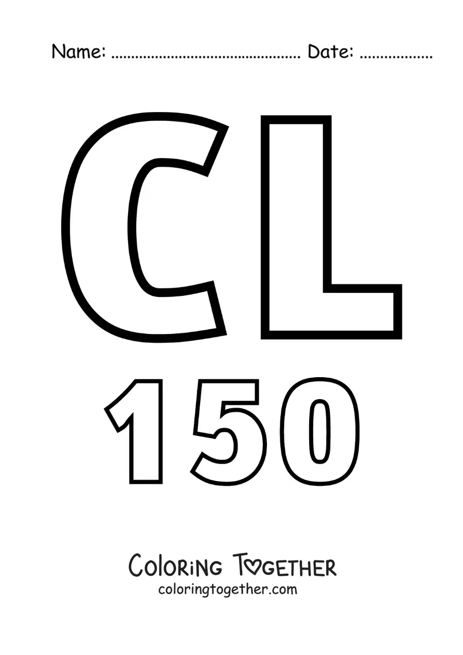 Coloring page of a card of the number 150 in Roman numerals with cartoons
