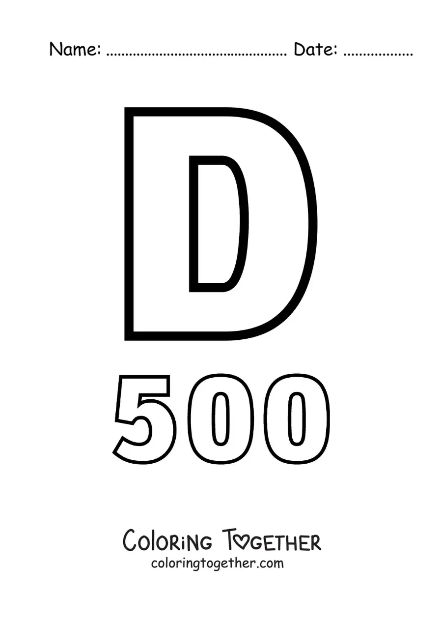 Coloring page of a card of the number 500 in Roman numerals with cartoons