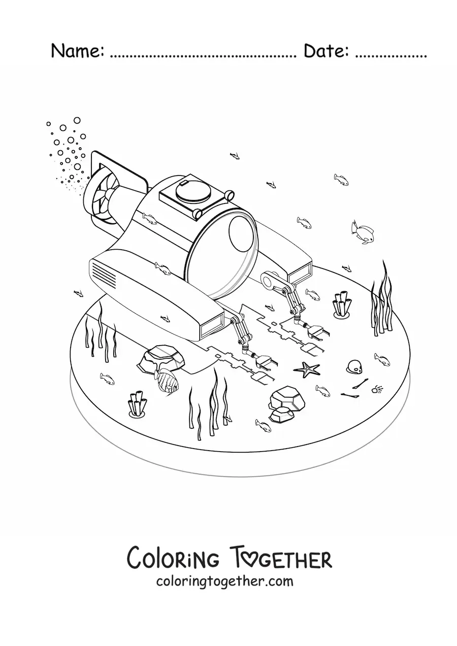 Coloring page of a research submarine on the ocean floor next to seaweed and fish