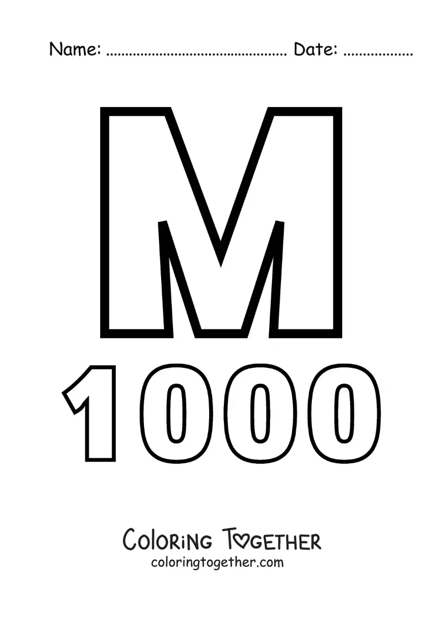 Coloring page of a card of the number 1000 in Roman numerals with cartoons