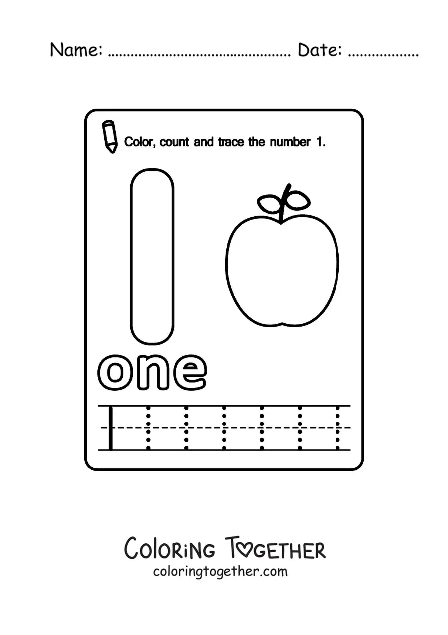 Coloring page of a card to learn the number 1 in English with fruits