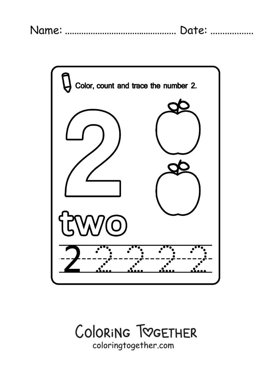 Coloring page of a card to learn the number 2 in English with fruits