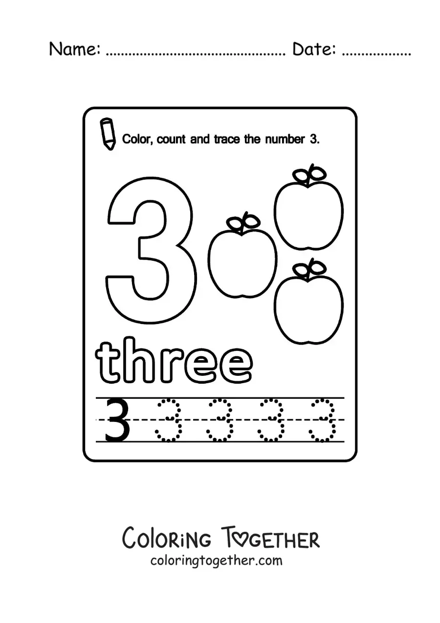 Coloring page of a card to learn the number 3 in English with fruits