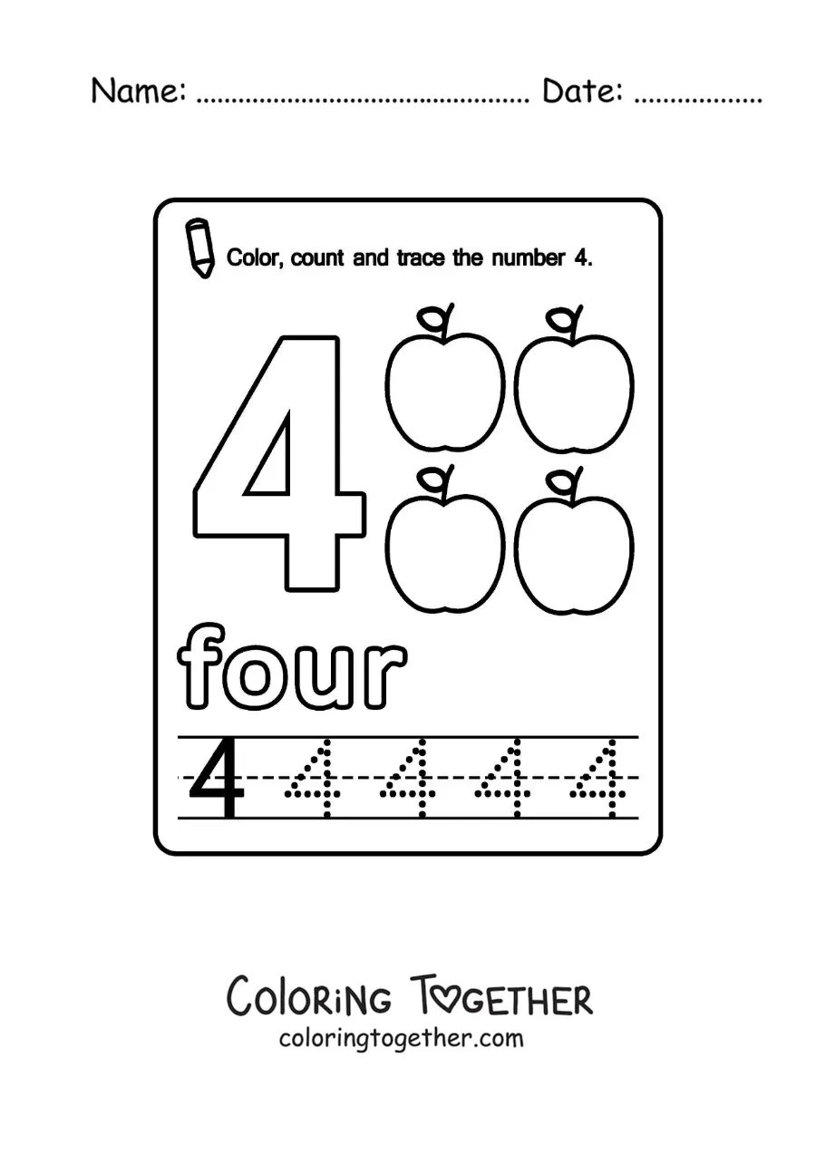 Coloring page of a card to learn the number 4 in English with fruits