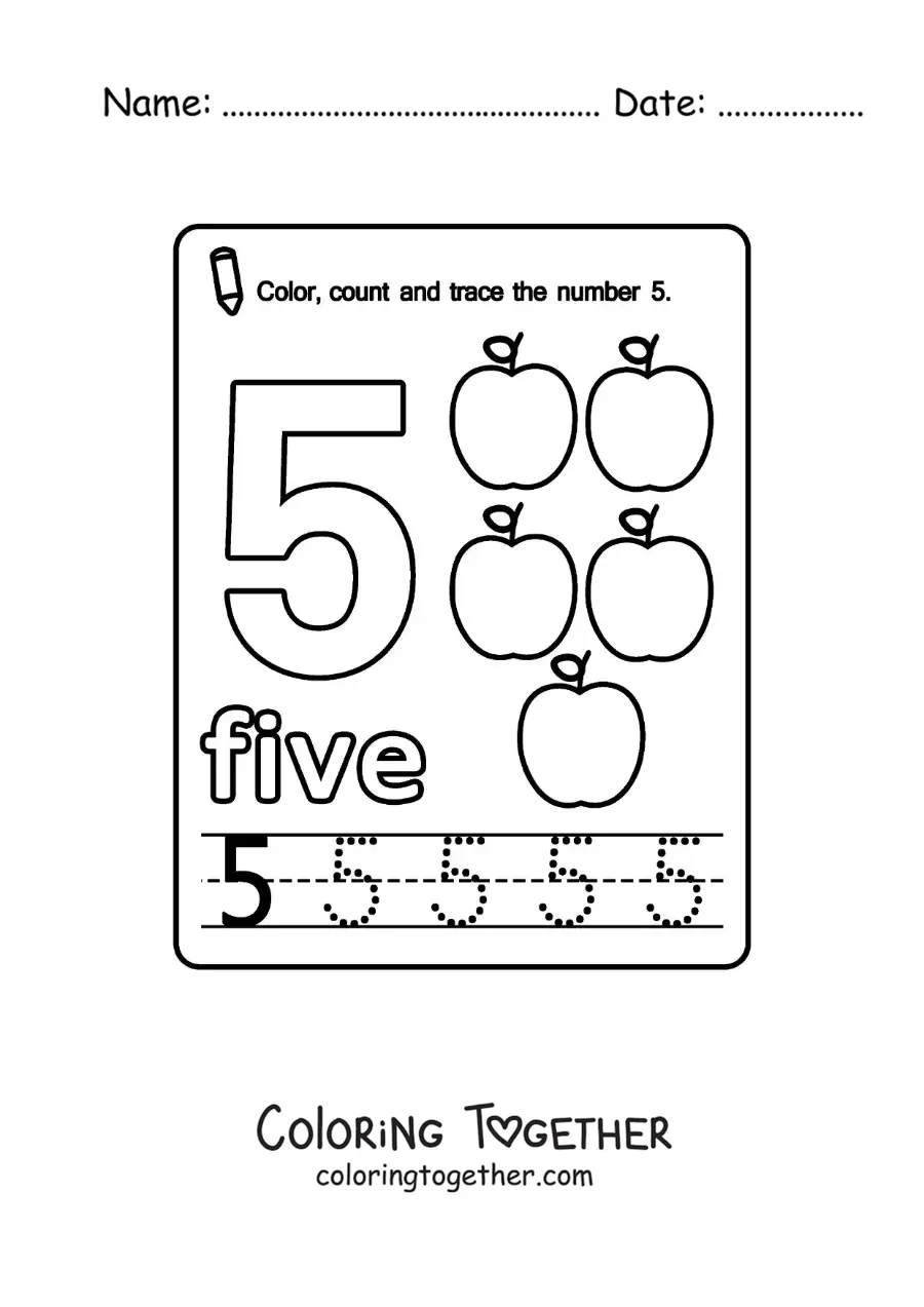Coloring page of a card to learn the number 5 in English with fruits