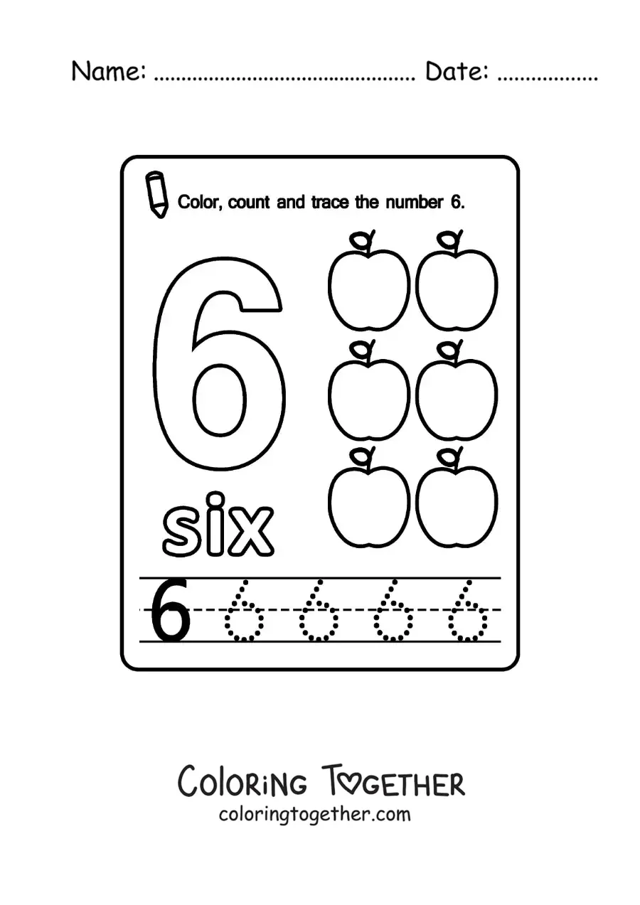 Coloring page of a card to learn the number 6 in English with fruits