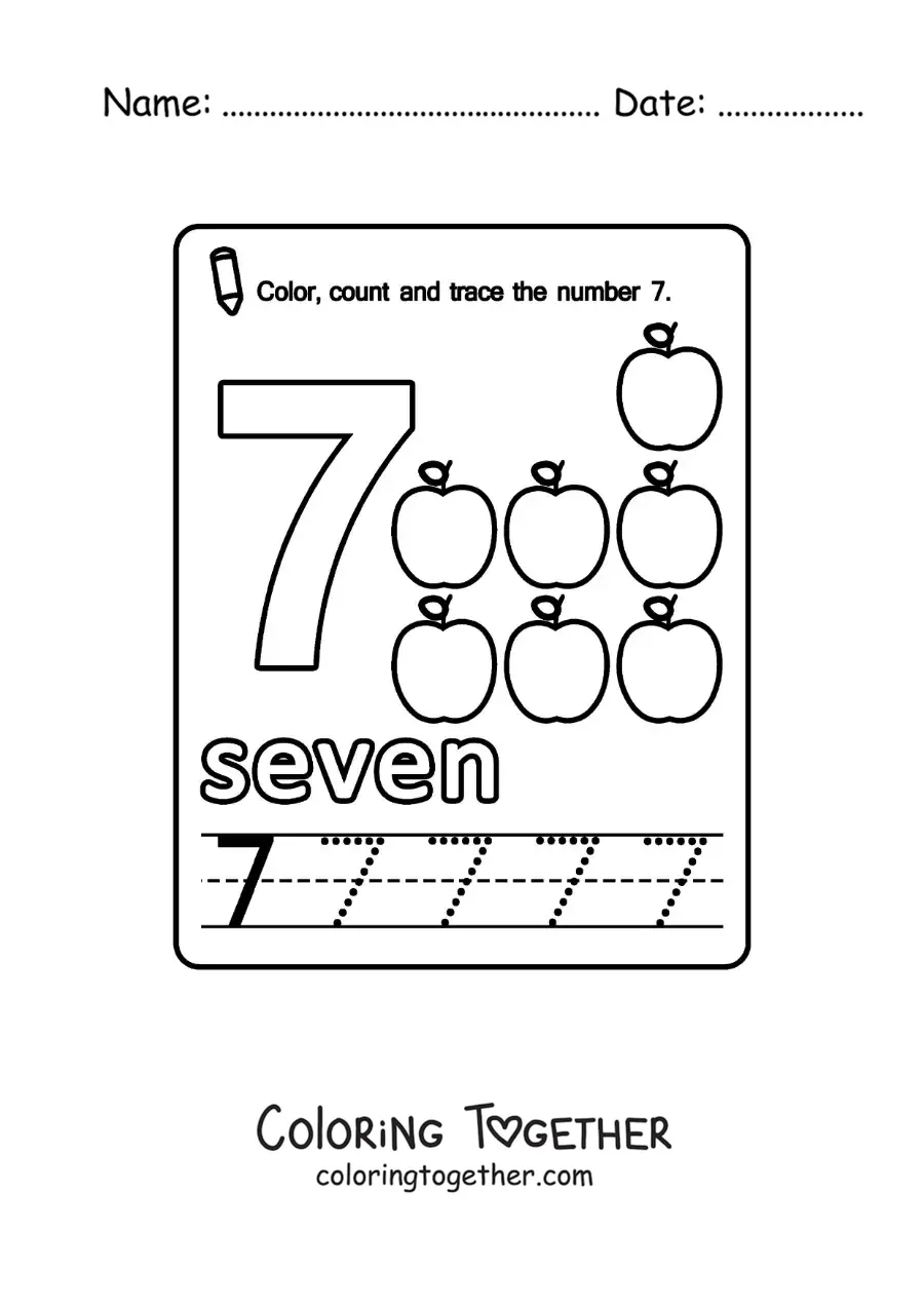Coloring page of a card to learn the number 7 in English with fruits