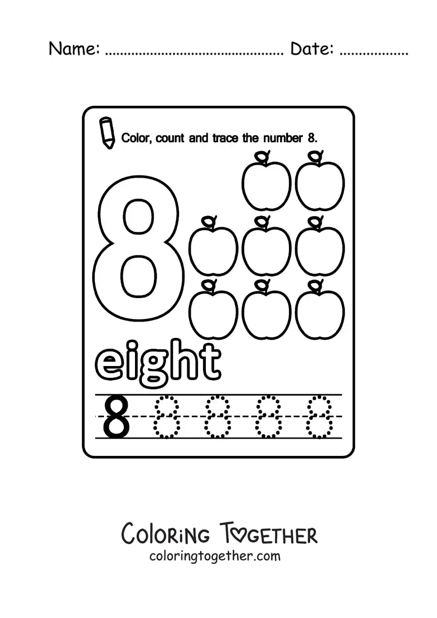 Coloring page of a card to learn the number 8 in English with fruits