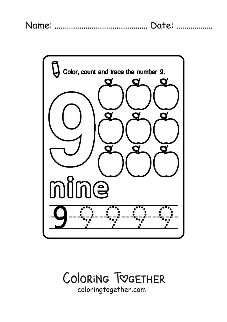 Coloring page of a card to learn the number 9 in English with fruits