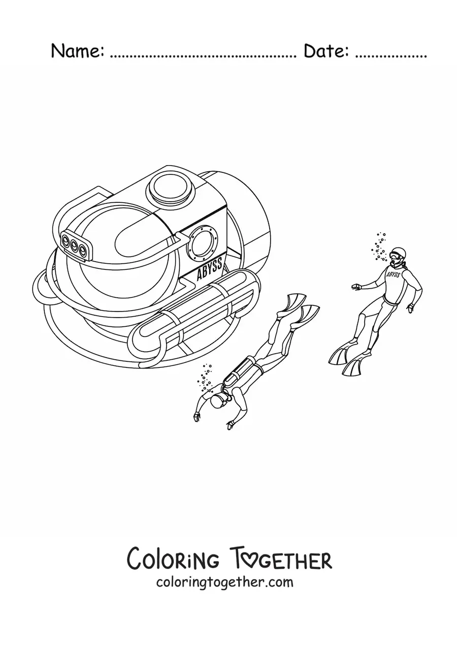 Coloring page of two divers next to a submarine