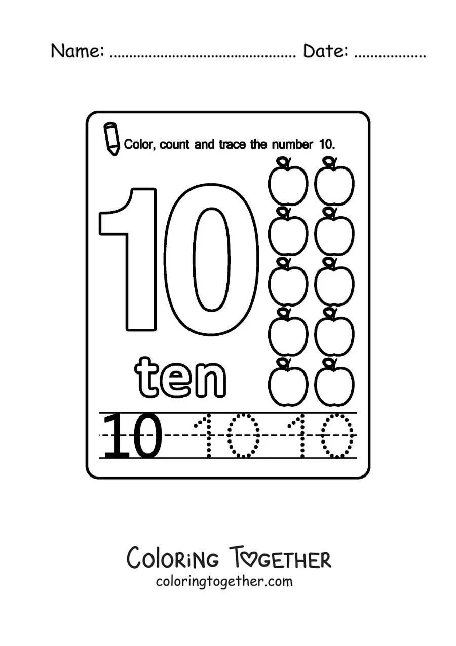 Coloring page of a card to learn the number 10 in English with fruits