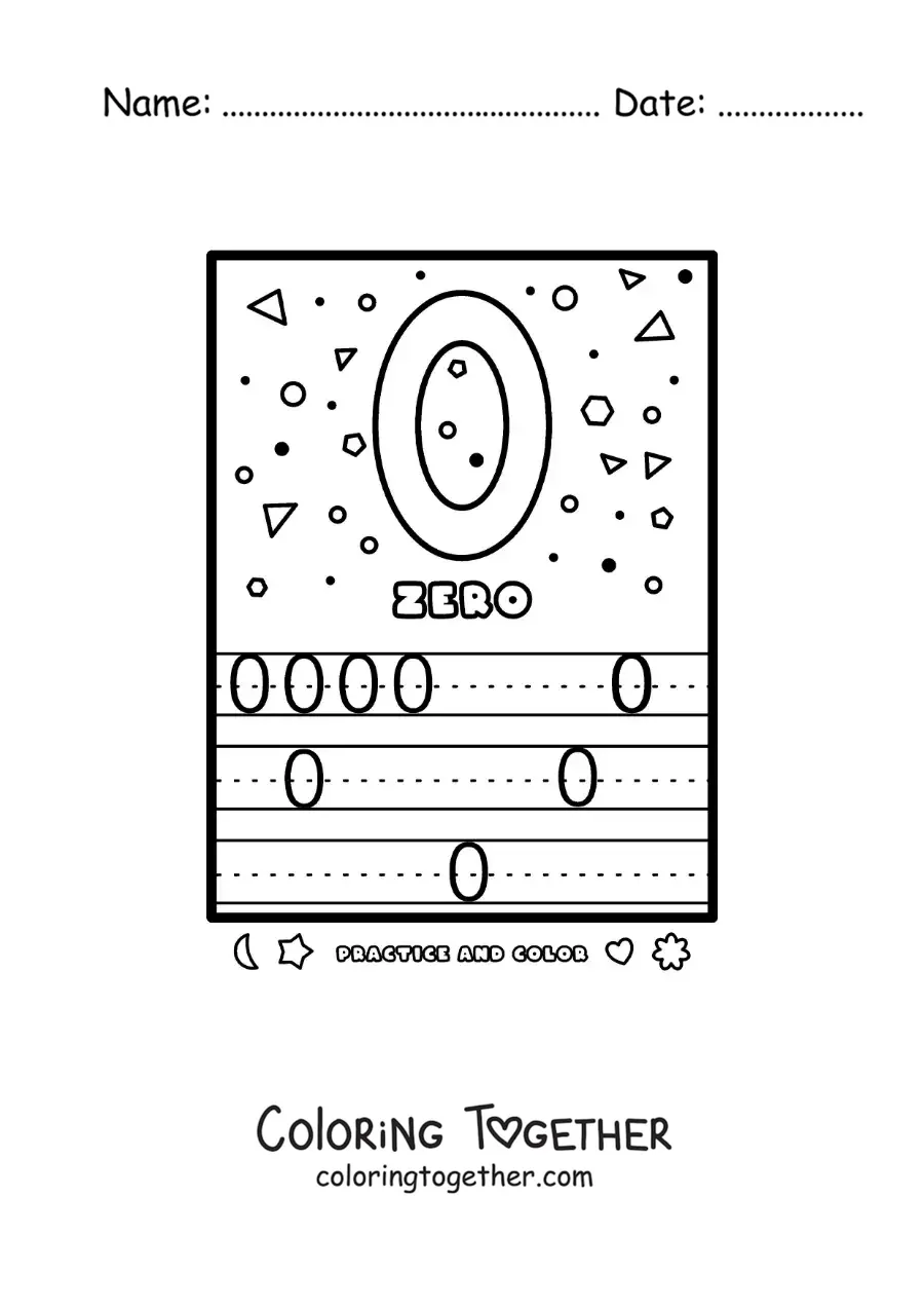 Coloring page of an activity to learn the number 0 in English