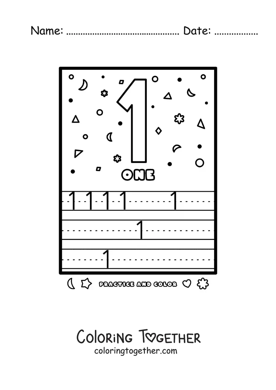 Coloring page of an activity to learn the number 1 in English