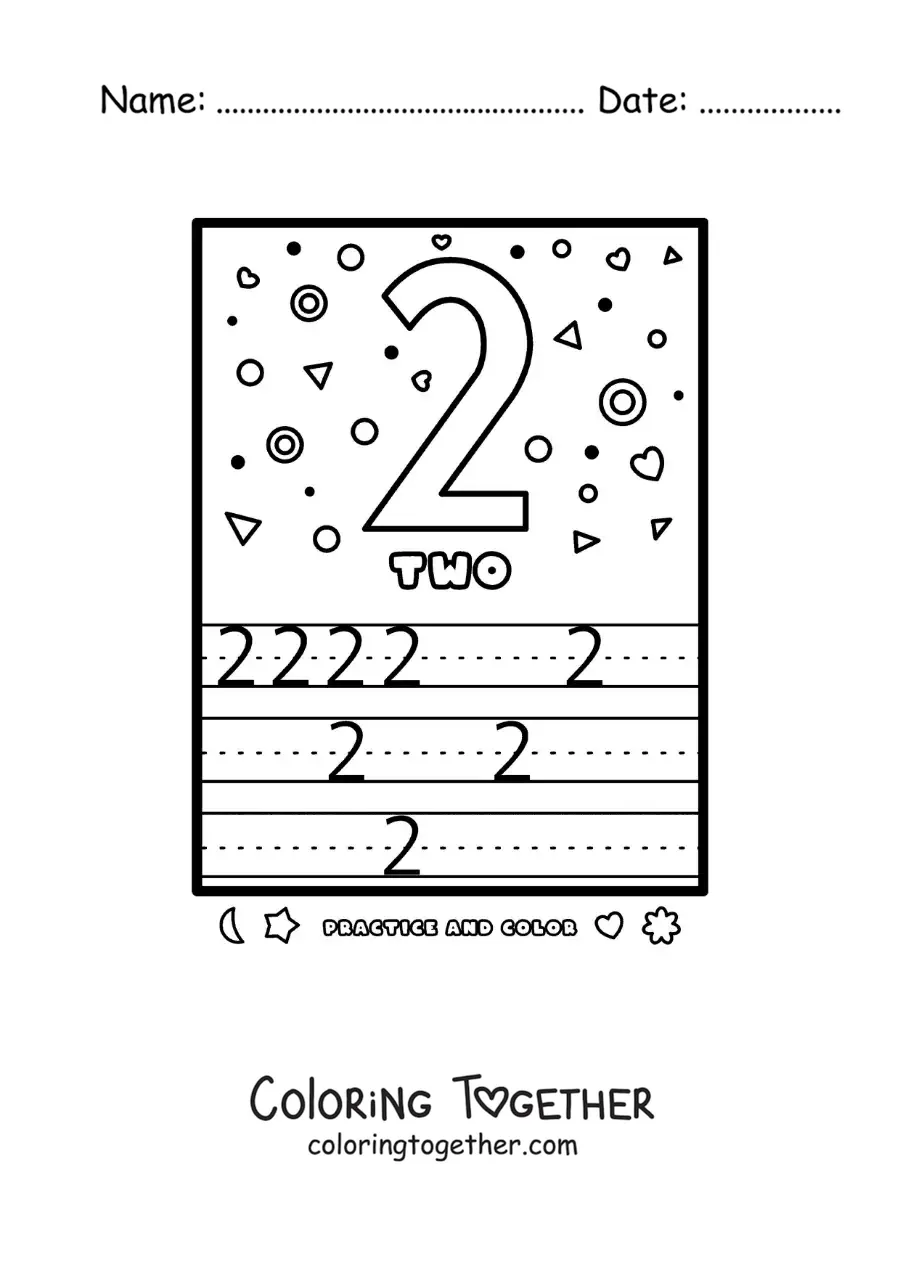 Coloring page of an activity to learn the number 2 in English