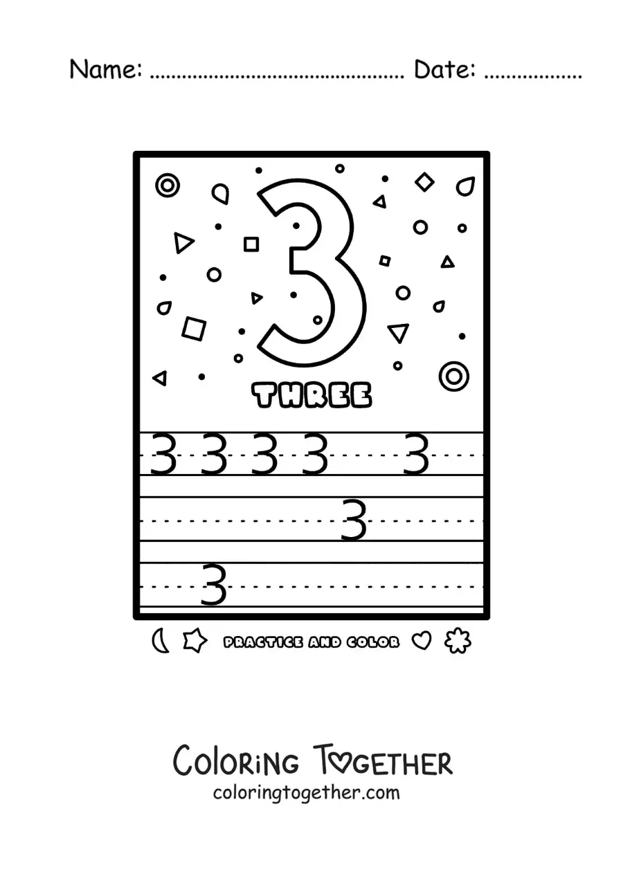 Coloring page of an activity to learn the number 3 in English