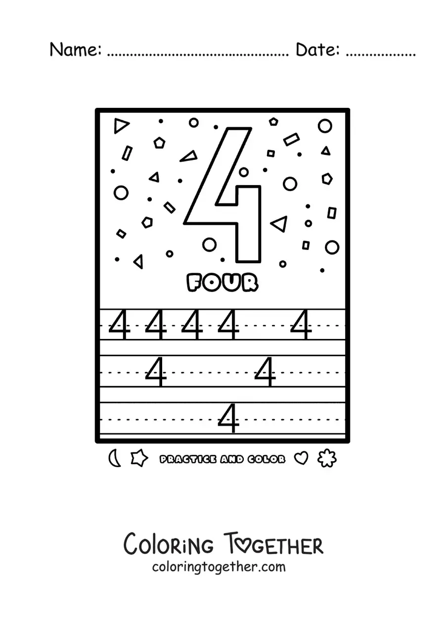 Coloring page of an activity to learn the number 4 in English