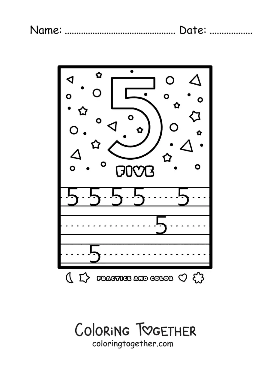 Coloring page of an activity to learn the number 5 in English