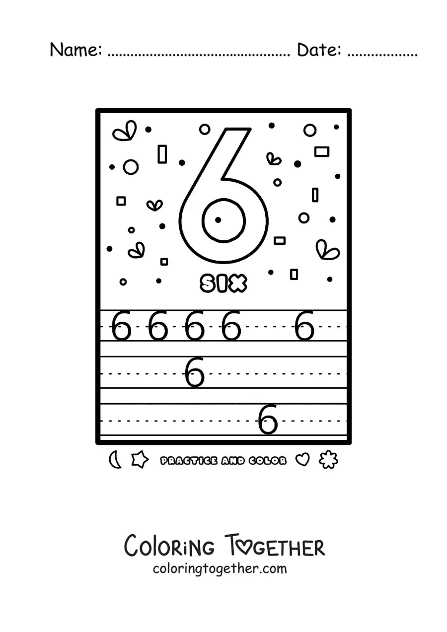 Coloring page of an activity to learn the number 6 in English