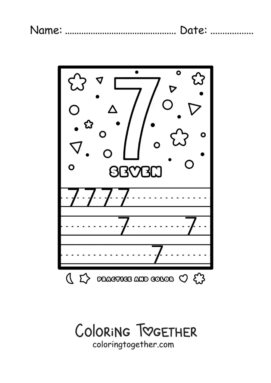 Coloring page of an activity to learn the number 7 in English