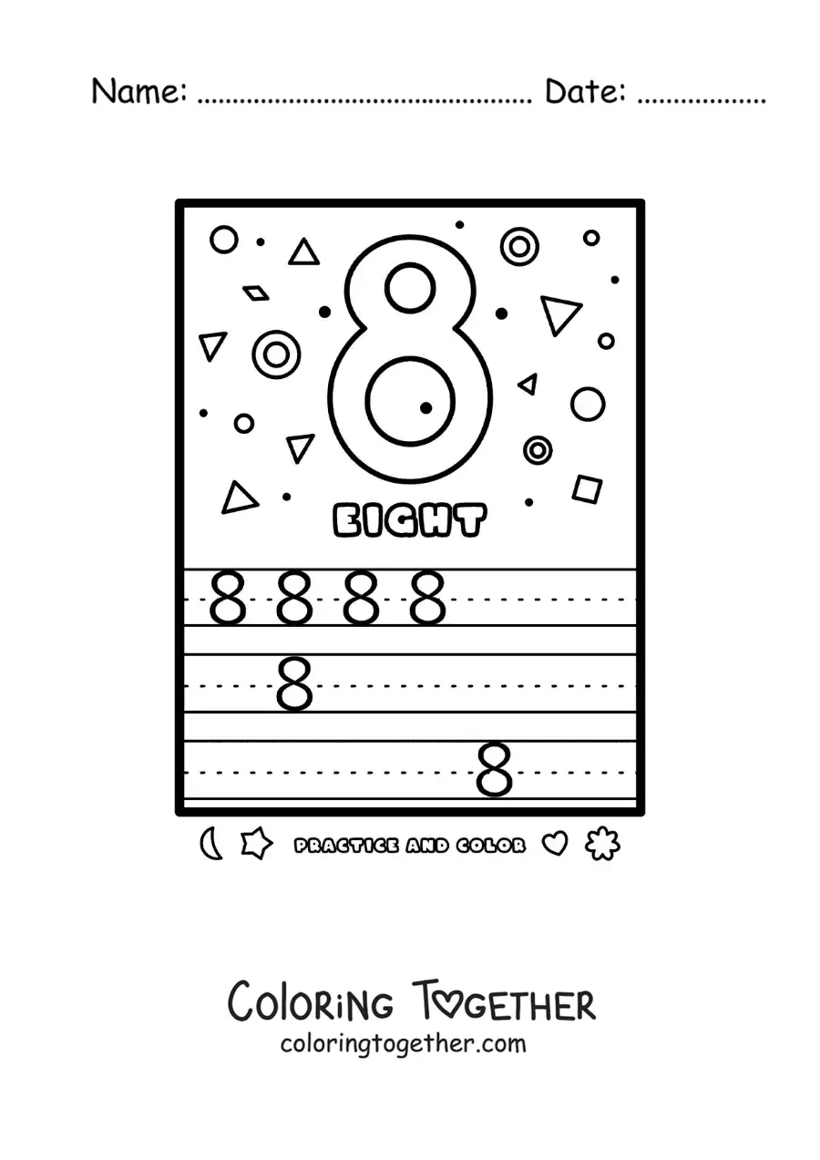 Coloring page of an activity to learn the number 8 in English