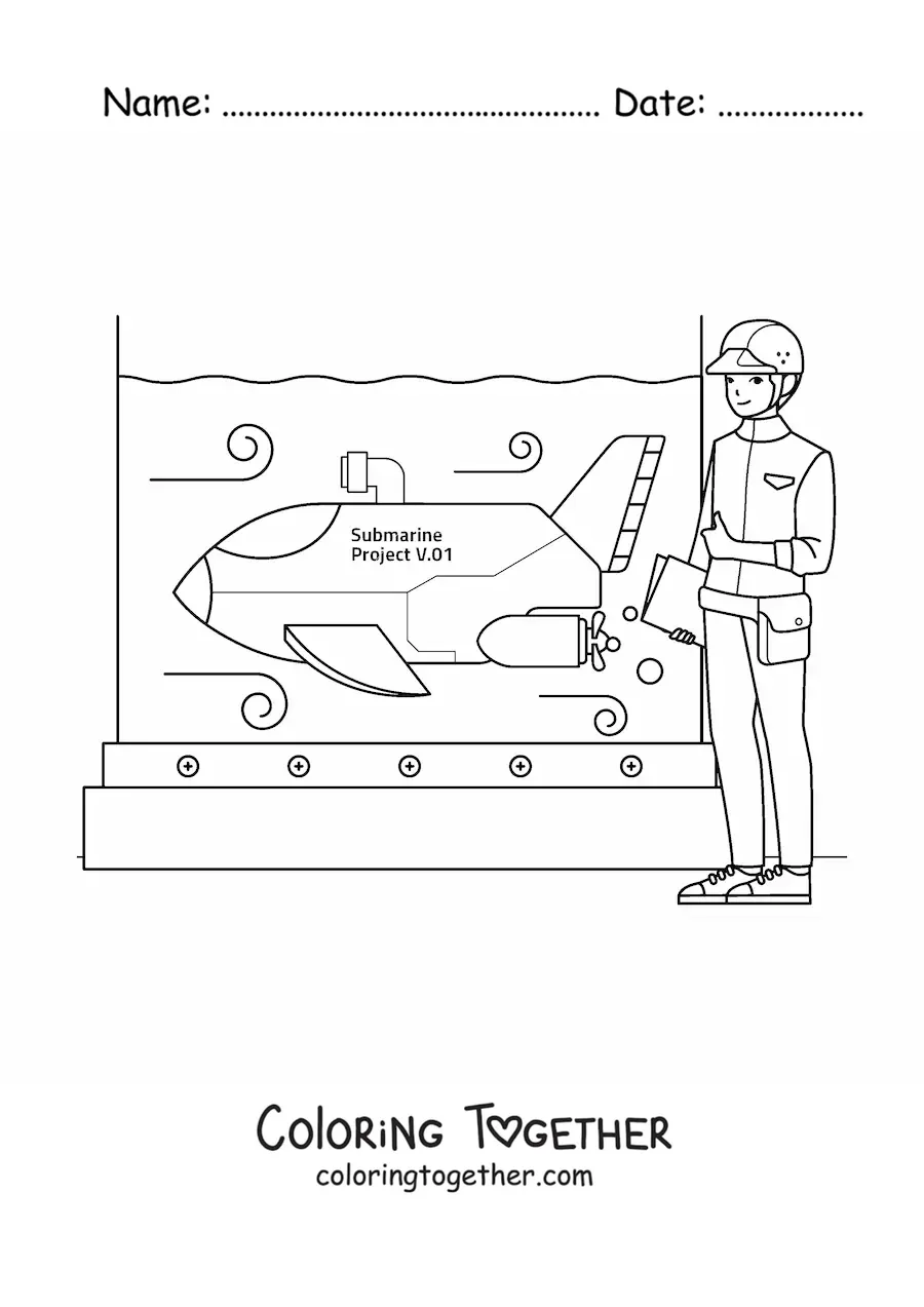 Coloring page of a naval engineer testing a submarine