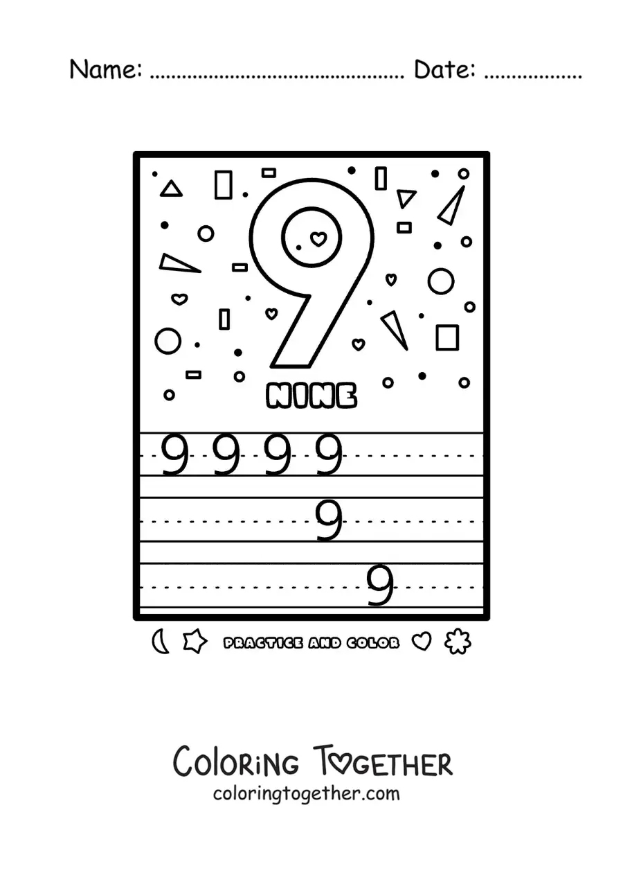 Coloring page of an activity to learn the number 9 in English