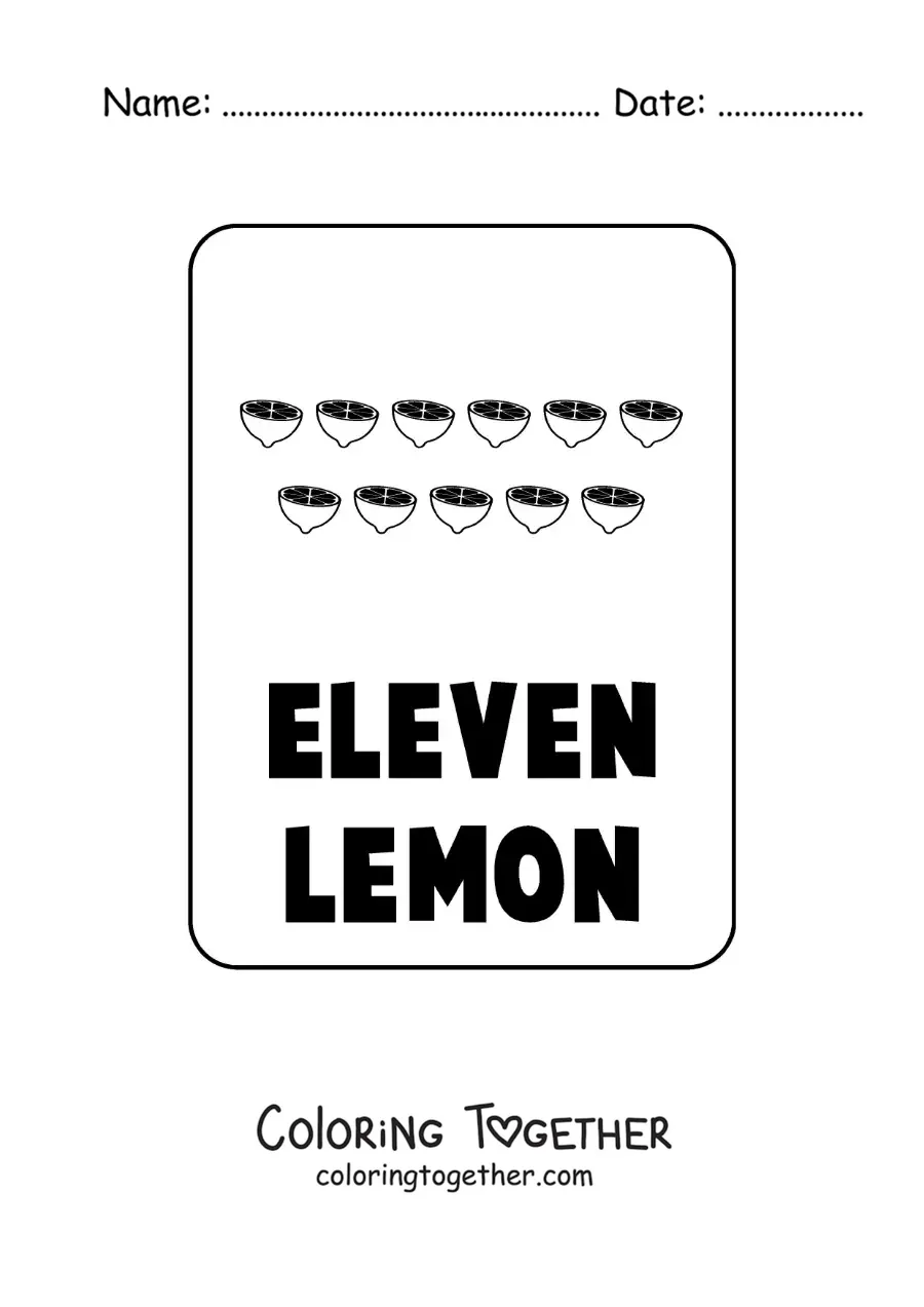 Coloring page of the number 11 in English with fruits