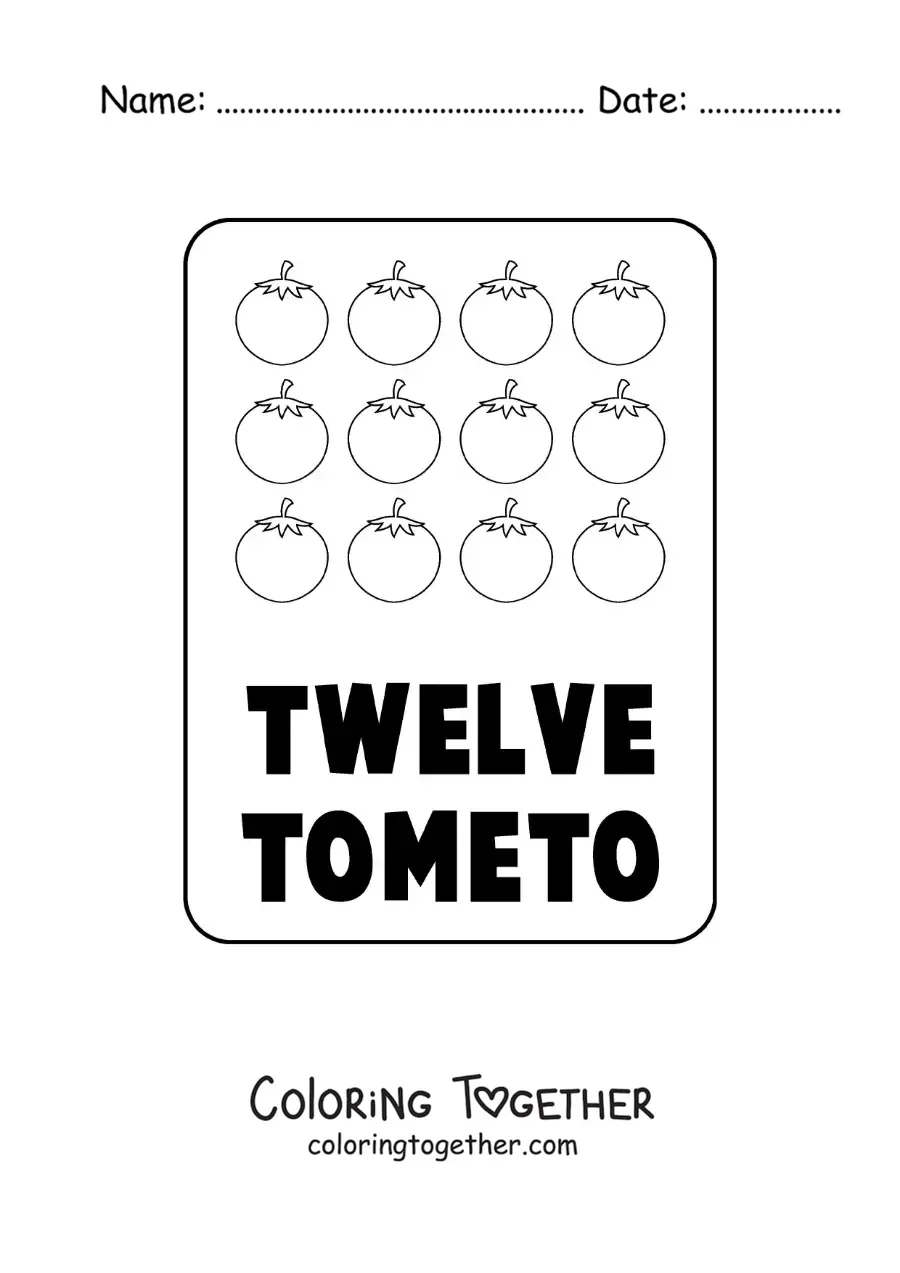 Coloring page of the number 12 in English with fruits