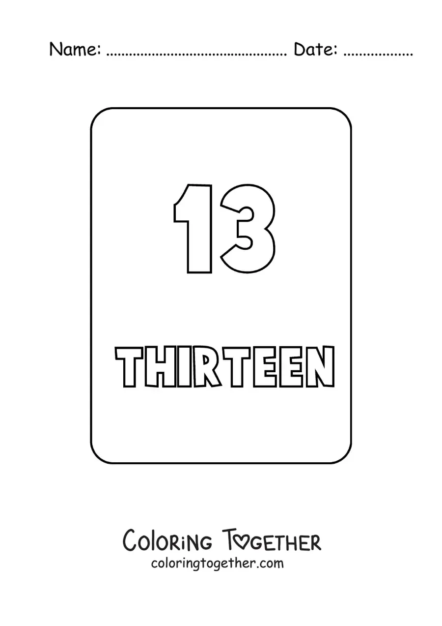 Coloring page of the number 13 in English