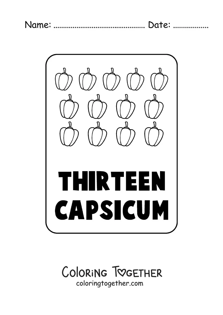 Coloring page of the number 13 in English with fruits