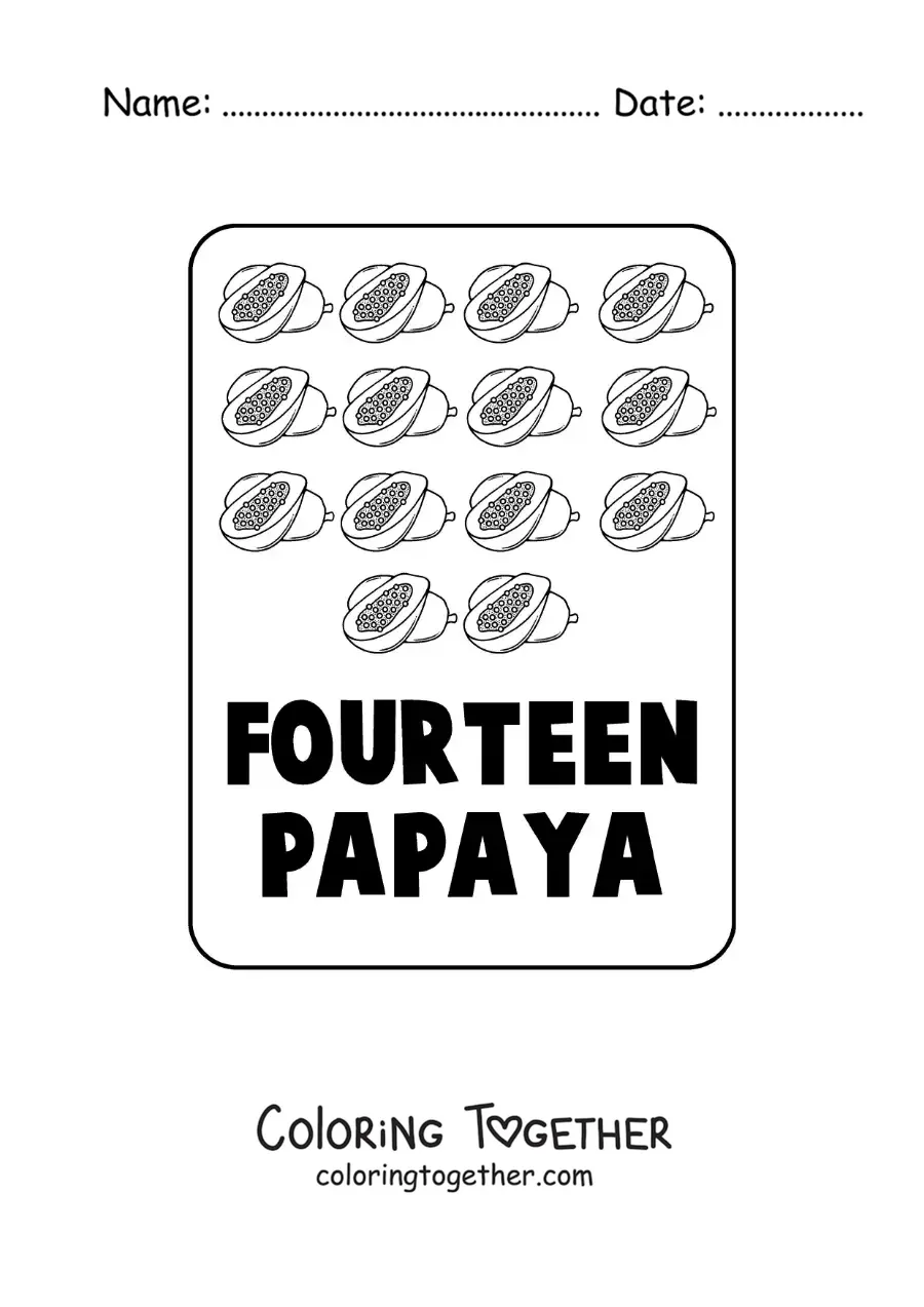 Coloring page of the number 14 in English with fruits