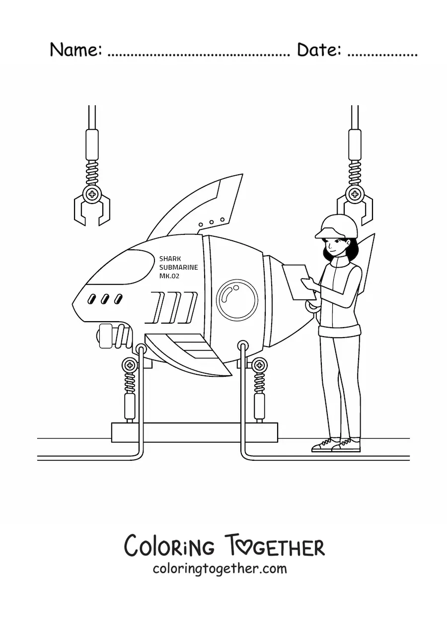 Coloring page of a naval engineer building a submarine