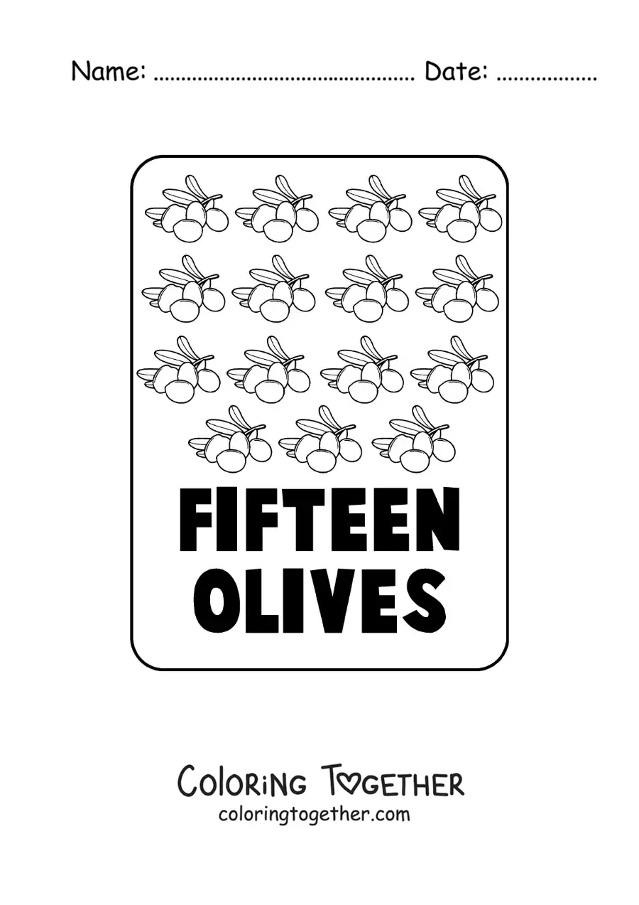 Coloring page of the number 15 in English with fruits