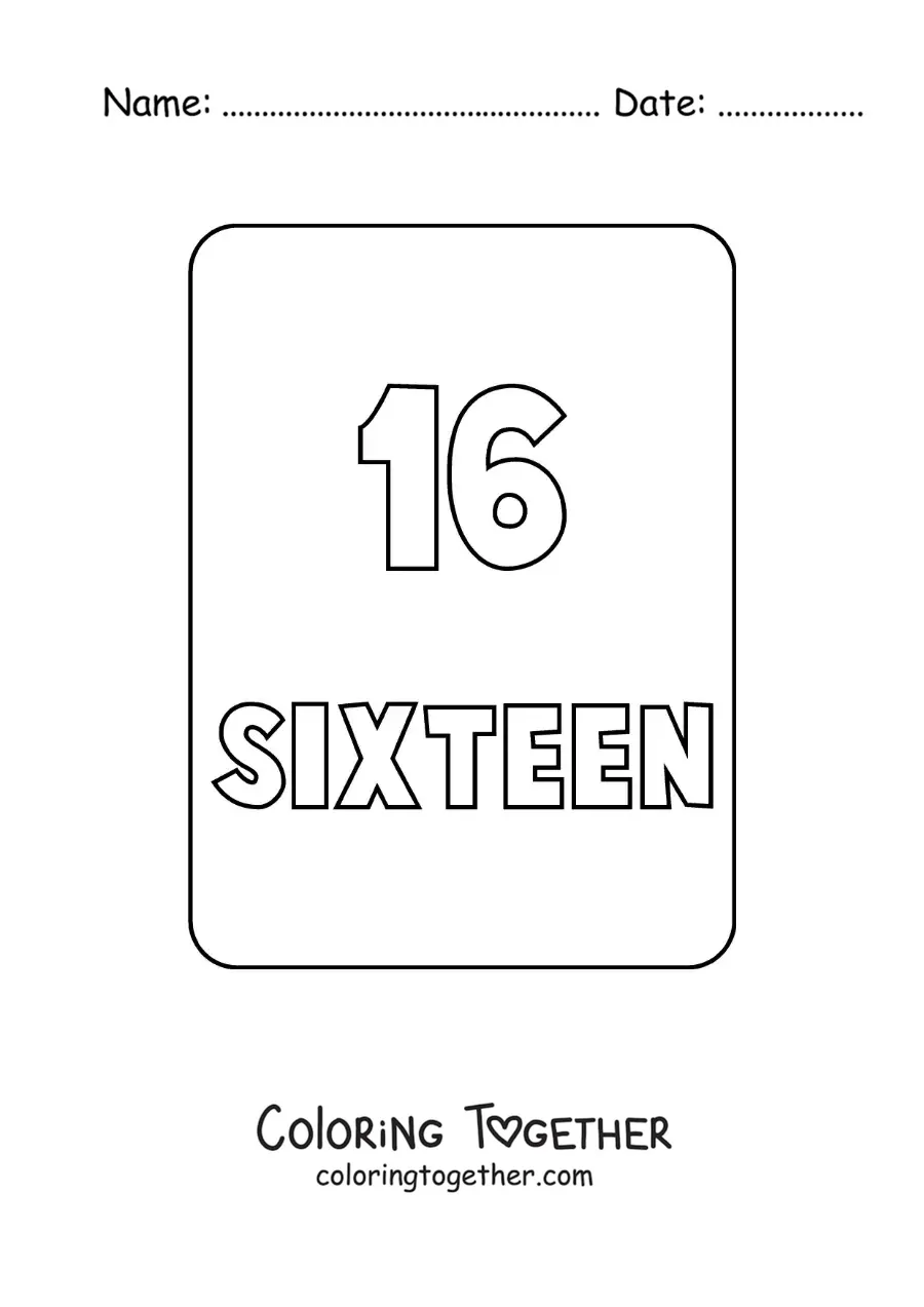 Coloring page of the number 16 in English