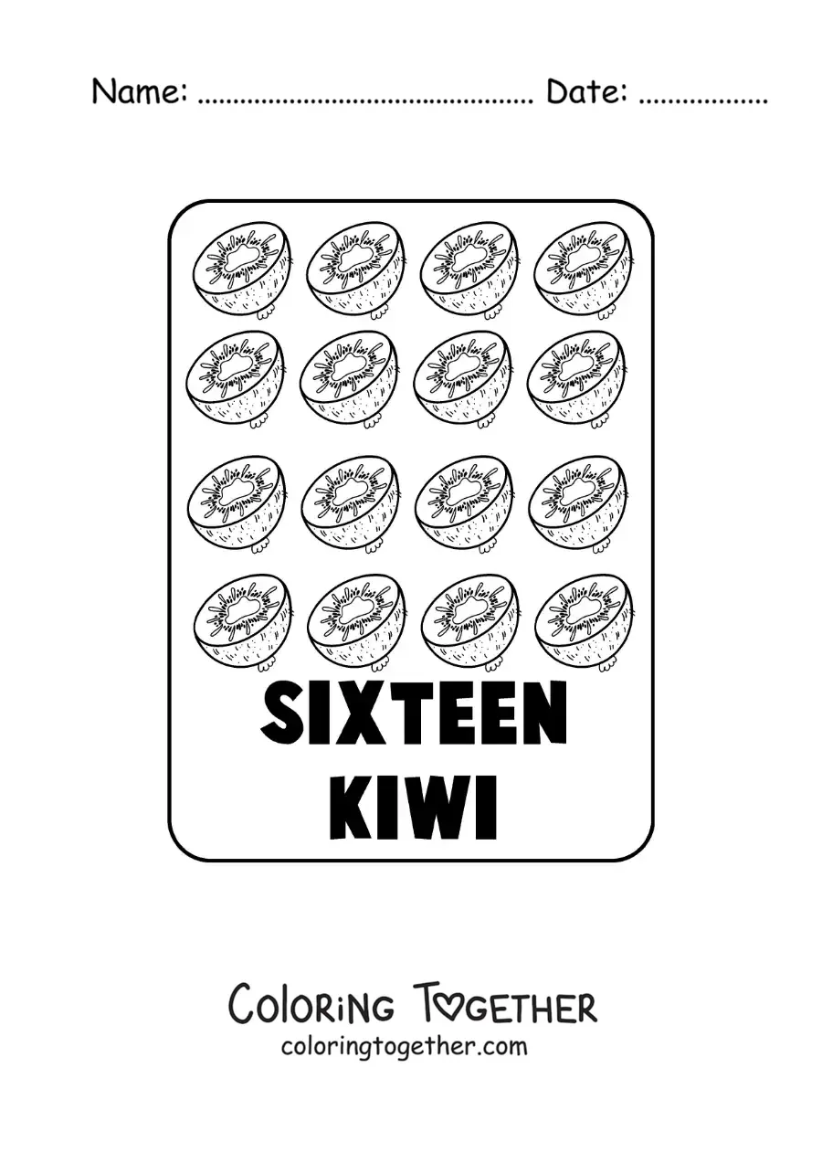 Coloring page of the number 16 in English with fruits