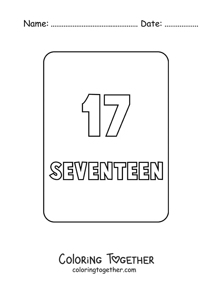 Coloring page of the number 17 in English