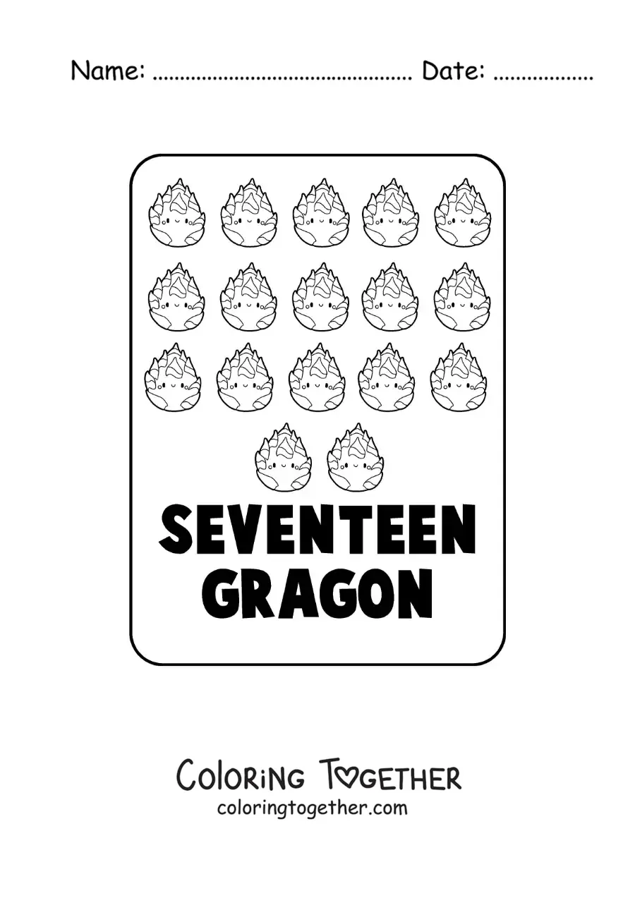 Coloring page of the number 17 in English with fruits