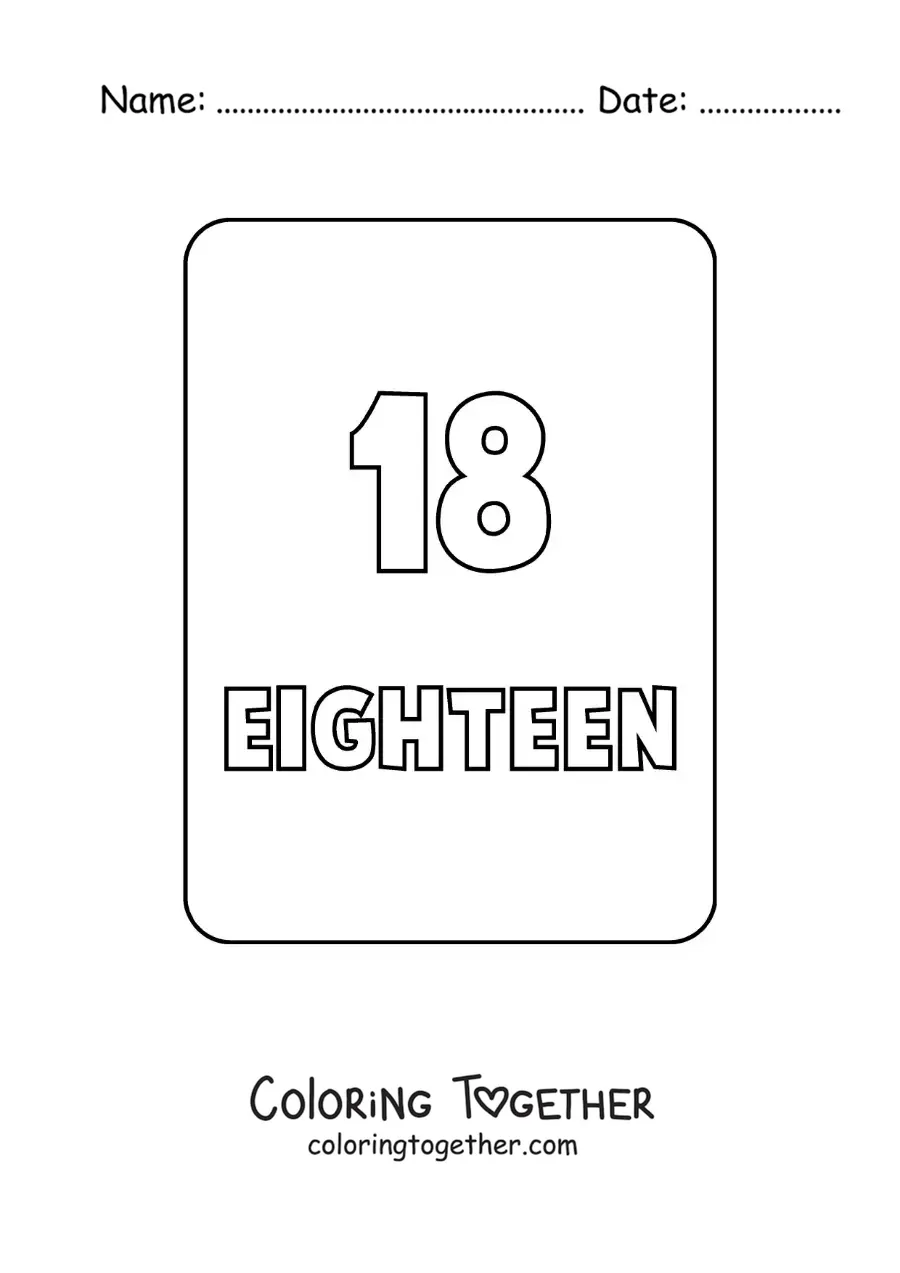 Coloring page of the number 18 in English