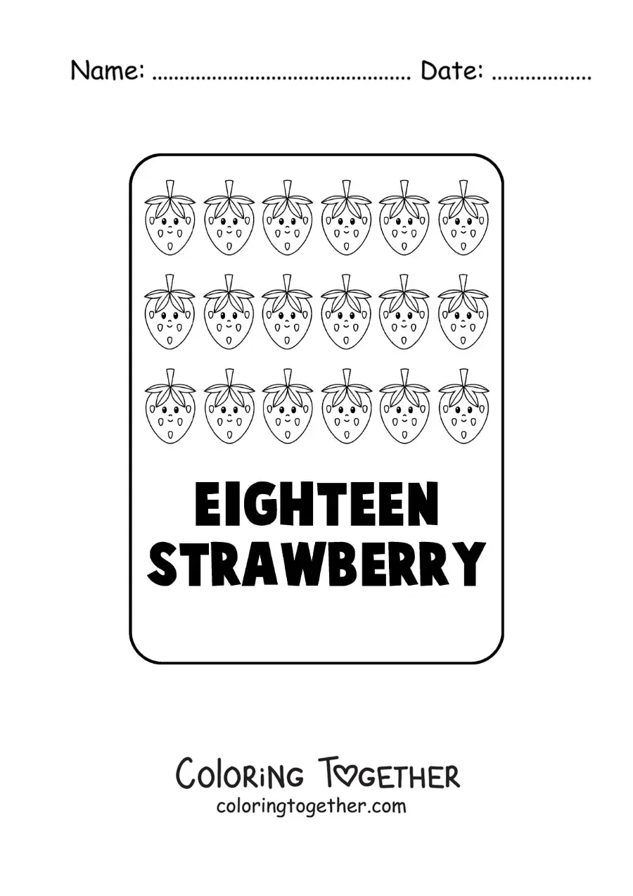 Coloring page of the number 18 in English with fruits