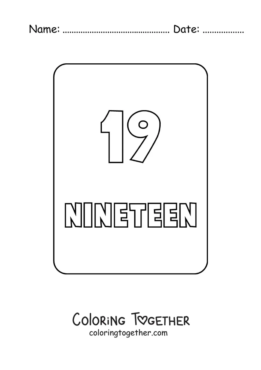Coloring page of the number 19 in English