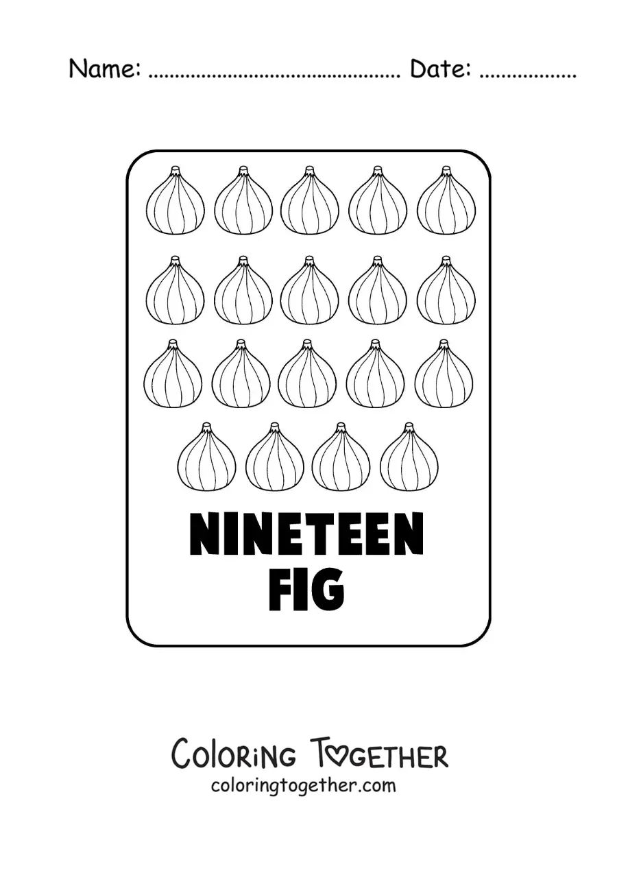 Coloring page of the number 19 in English with fruits