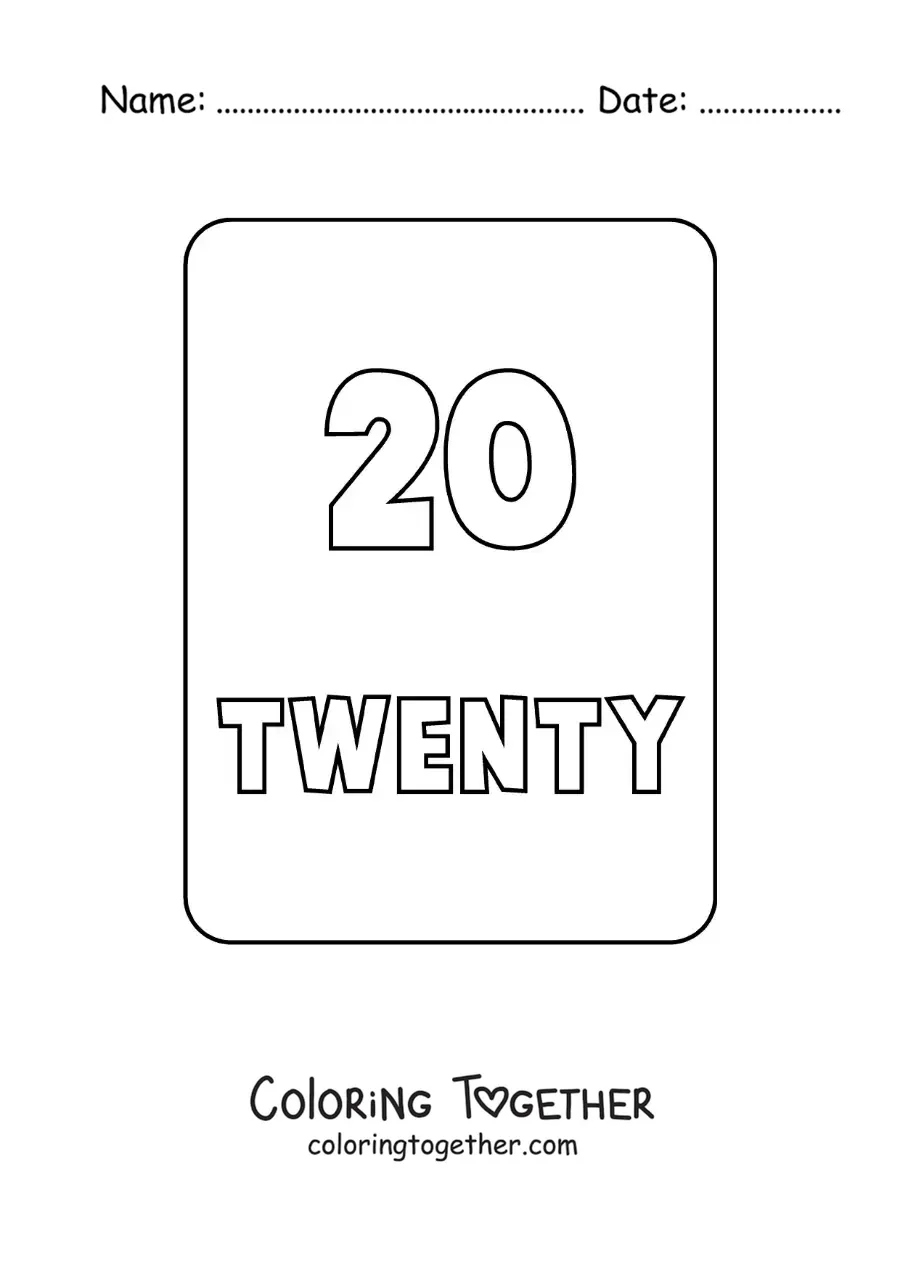 Coloring page of the number 20 in English