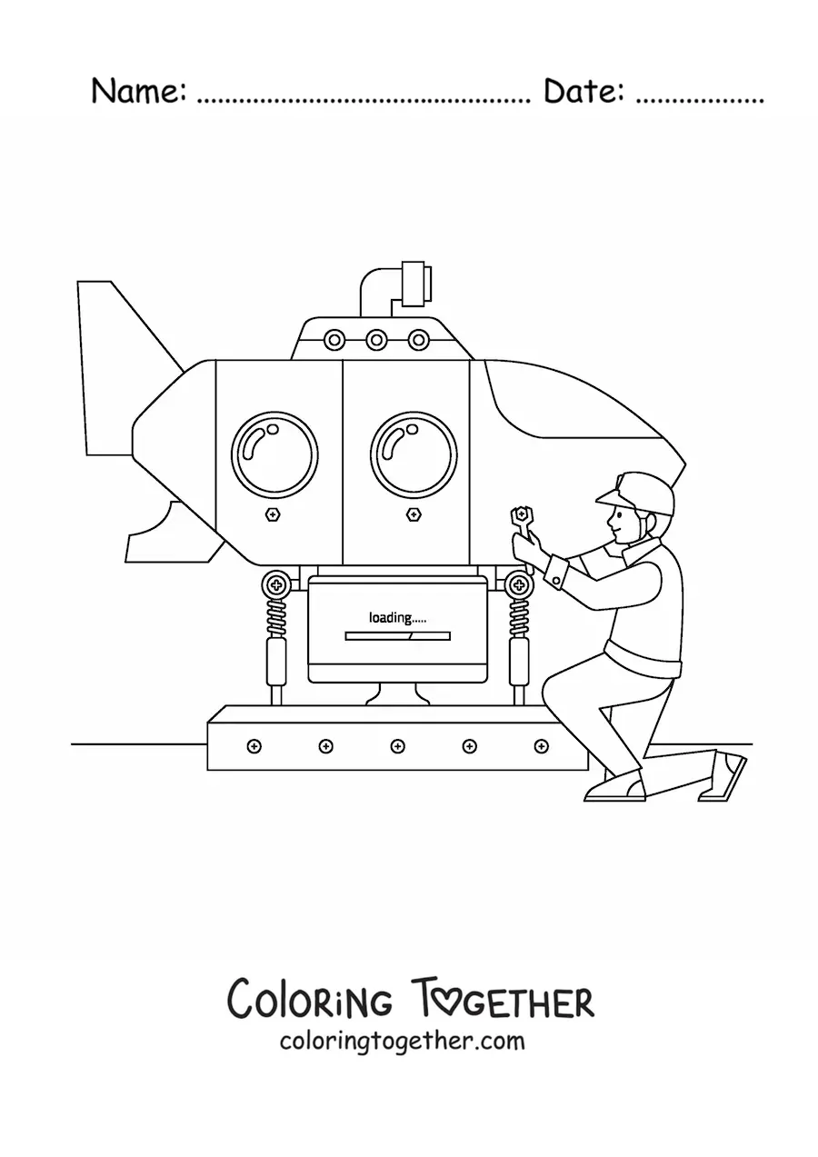 Coloring page of a naval engineer repairing a submarine
