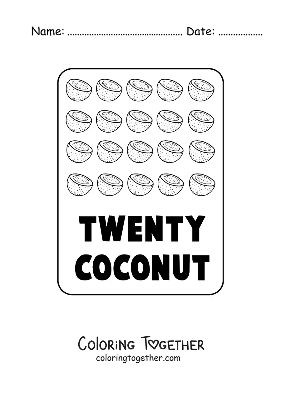 Coloring page of the number 20 in English with fruits