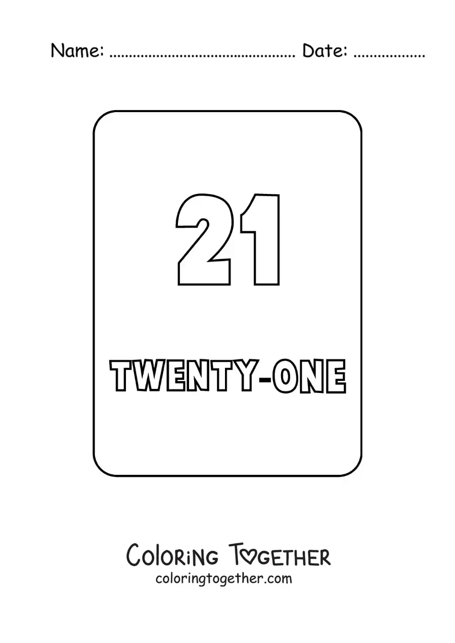 Coloring page of the number 21 in English