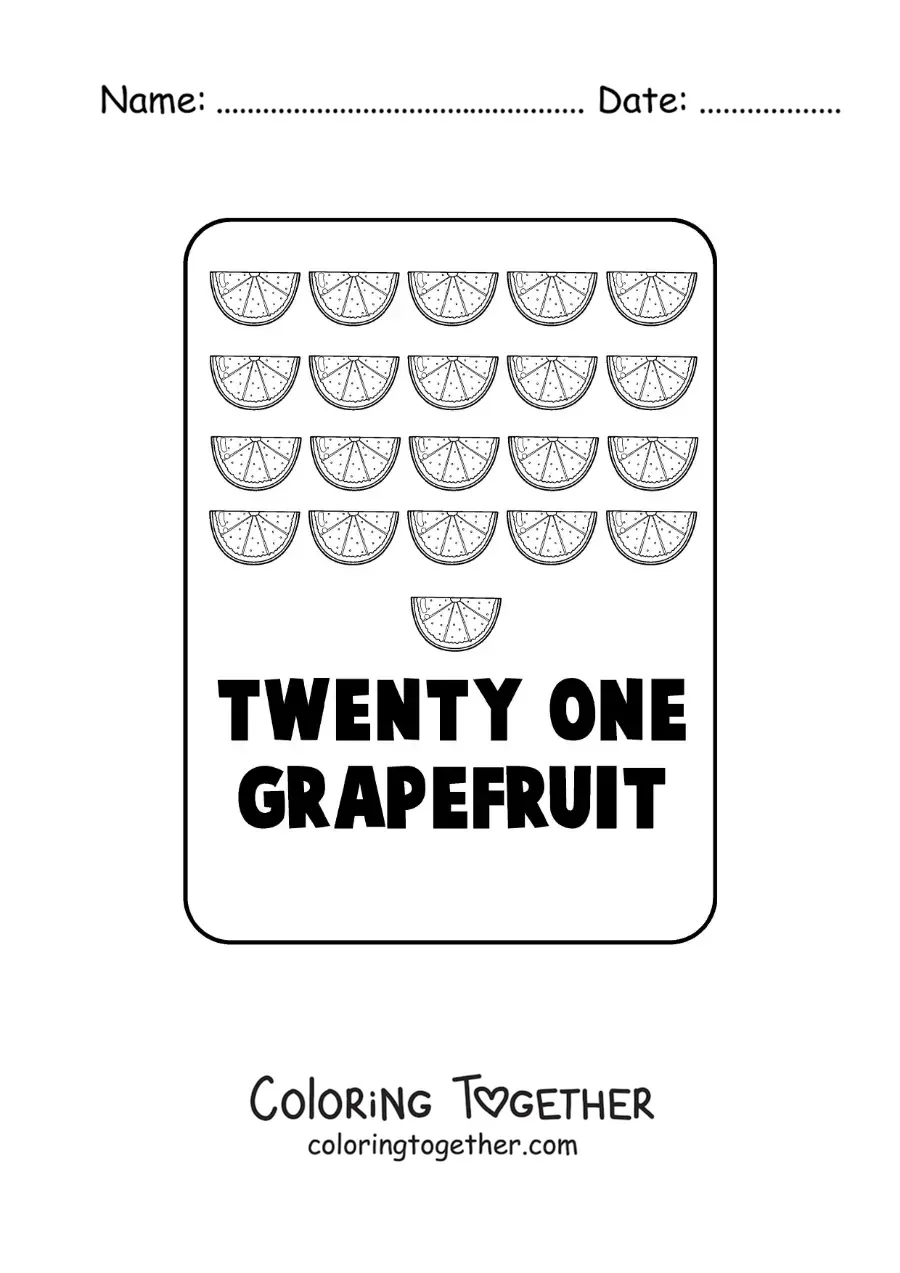 Coloring page of the number 21 in English with fruits
