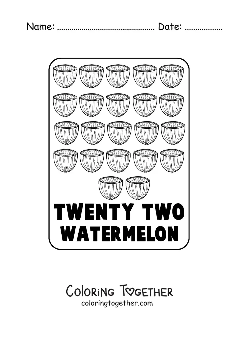 Coloring page of the number 22 in English with fruits
